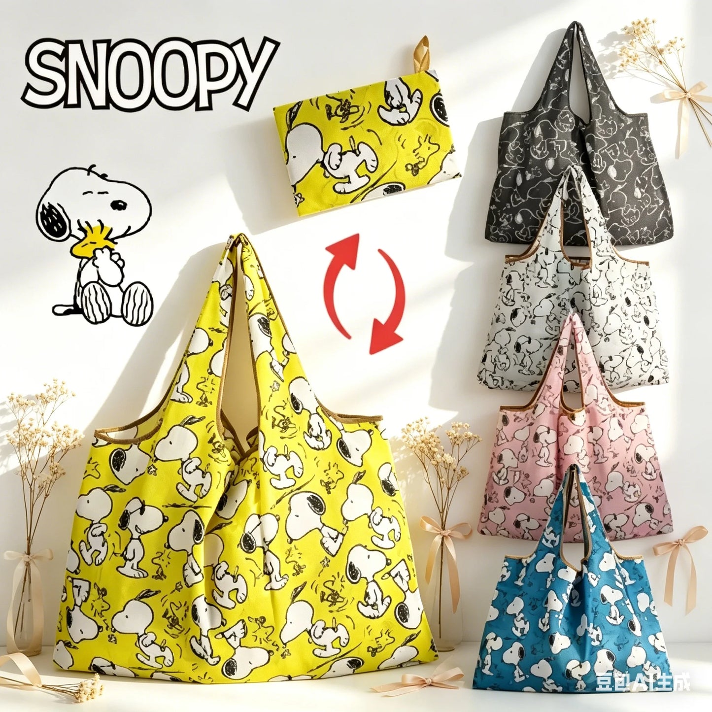 Snoopy Printed Foldable Reusable Shopping Bag Large Capacity Eco-Friendly Polyester Tote Bag Waterproof Bag