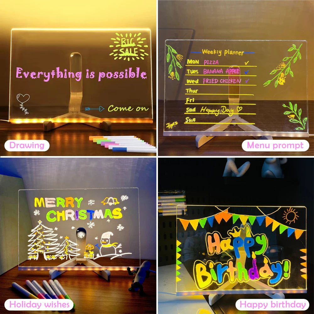LED Note Board With Night Light Colorful 7 Pens DIY Acrylic Message Board Children‘s Drawing Board For Kids Birthday Gift