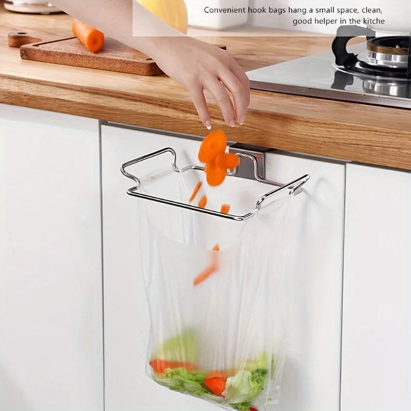 Kitchen Non Perforated Stainless Steel Garbage Rack With Hanging Bracket, Cabinet Door With Cloth And Garbage Bag Storage Rack