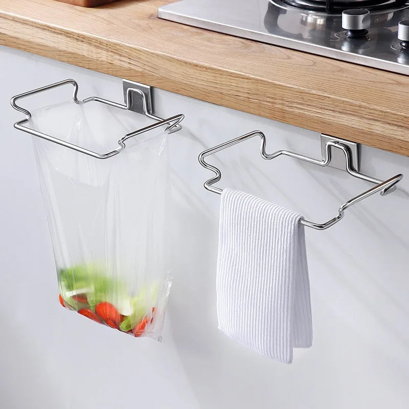 Kitchen Non Perforated Stainless Steel Garbage Rack With Hanging Bracket, Cabinet Door With Cloth And Garbage Bag Storage Rack