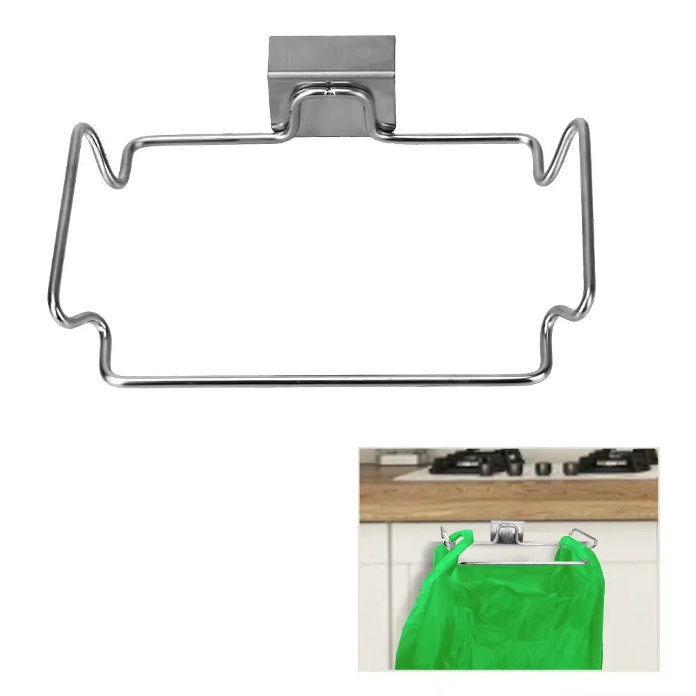 Kitchen Non Perforated Stainless Steel Garbage Rack With Hanging Bracket, Cabinet Door With Cloth And Garbage Bag Storage Rack